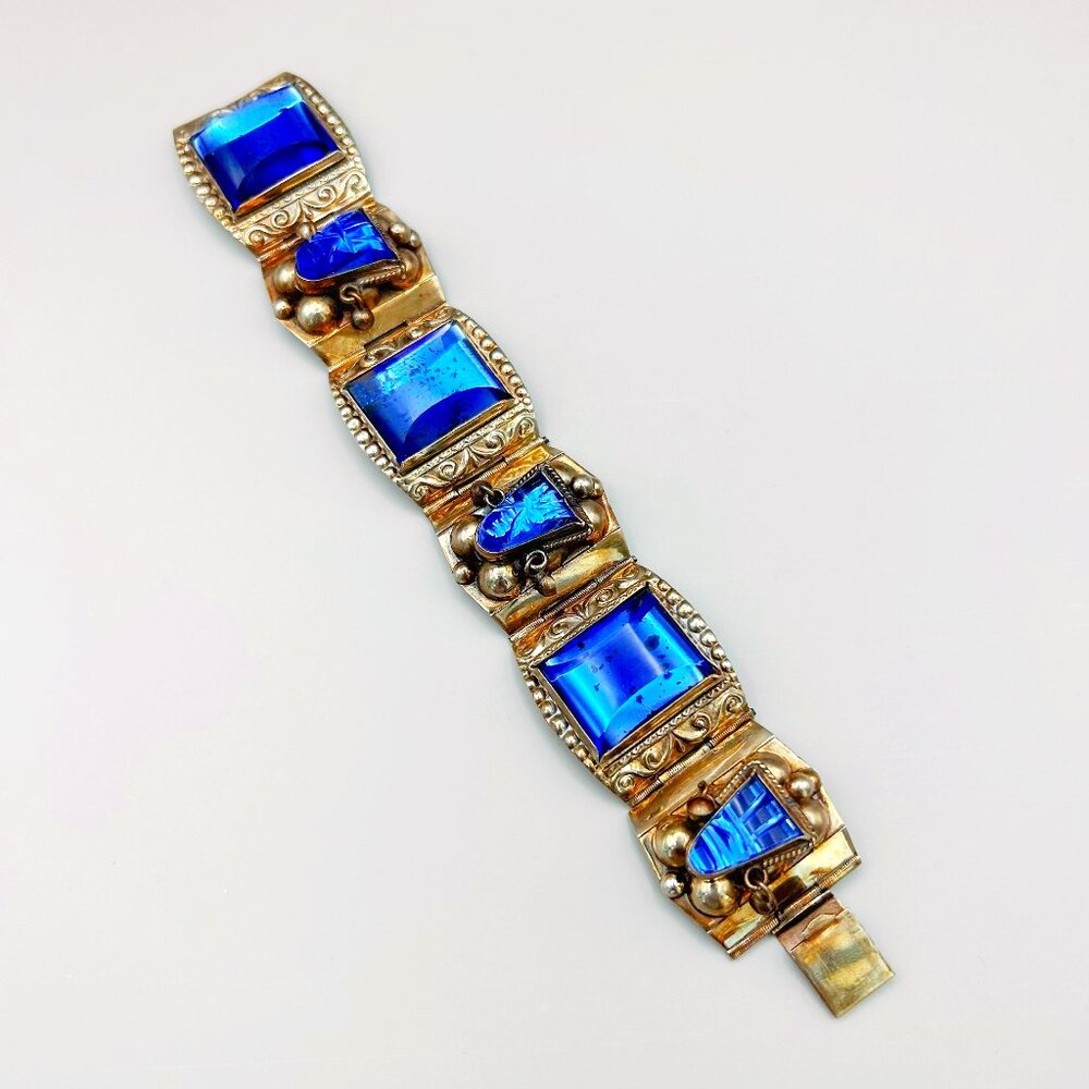 Vintage Mexican Sterling Silver Bracelet with Blue Stones | Hinged 0925 AR
